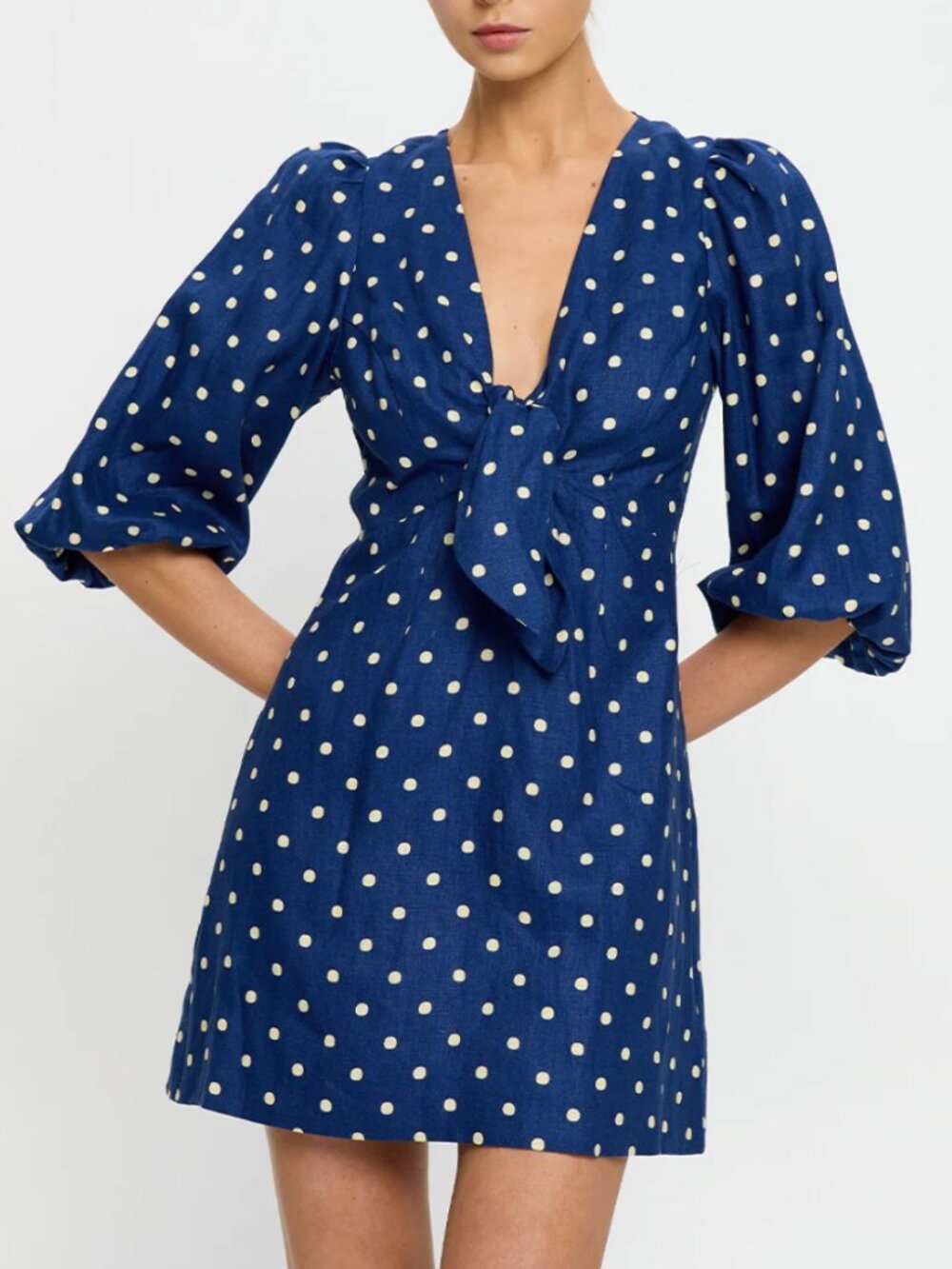 BEST Kivari Lily Mini Dress AU6/US2 AU12/US8 Polka Dot Navy Blue Linen Vacation